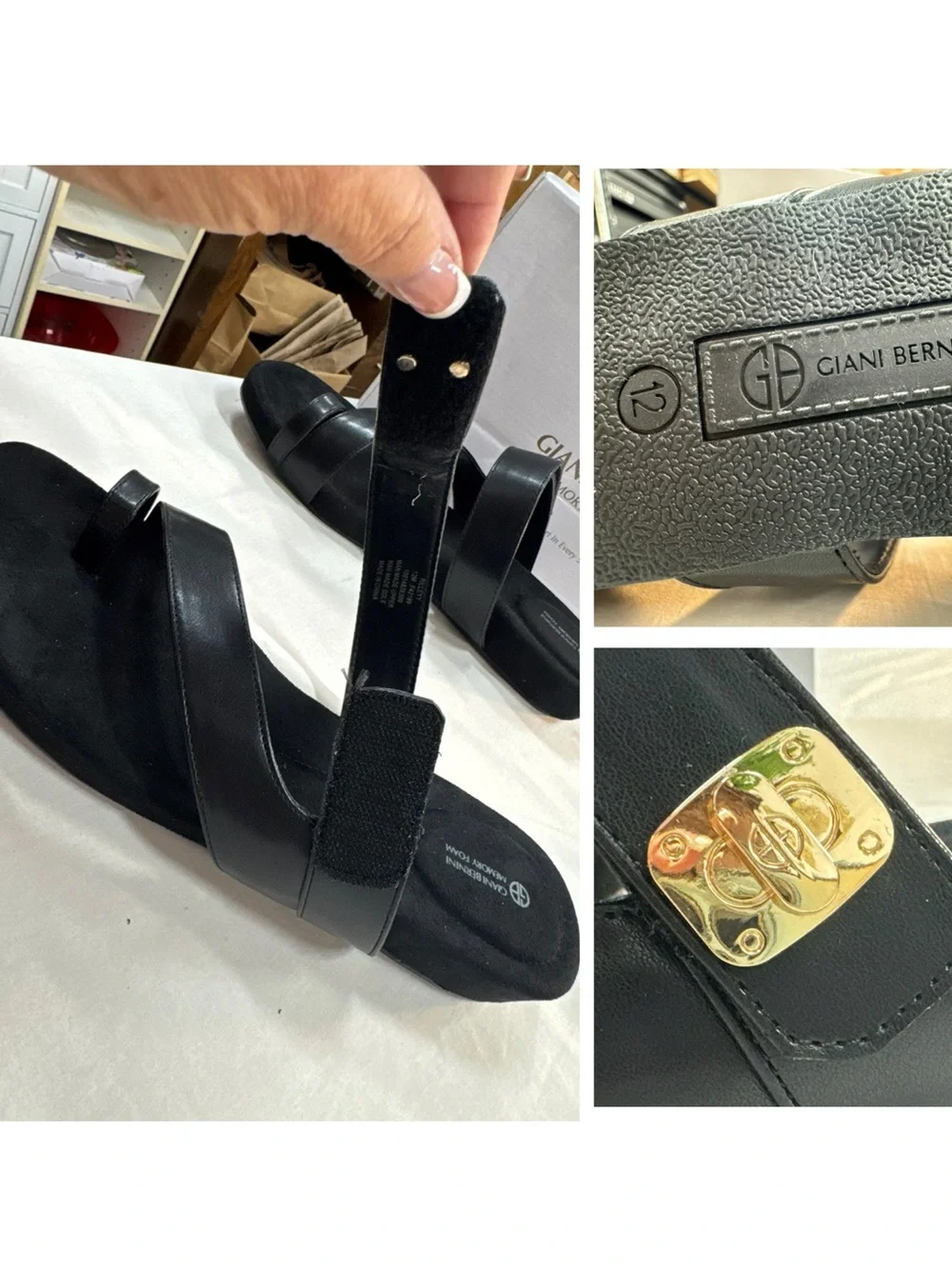 Giani Bernini Black Leather Toe-Loop Slide Sandals with Gold Accent SZ 12
